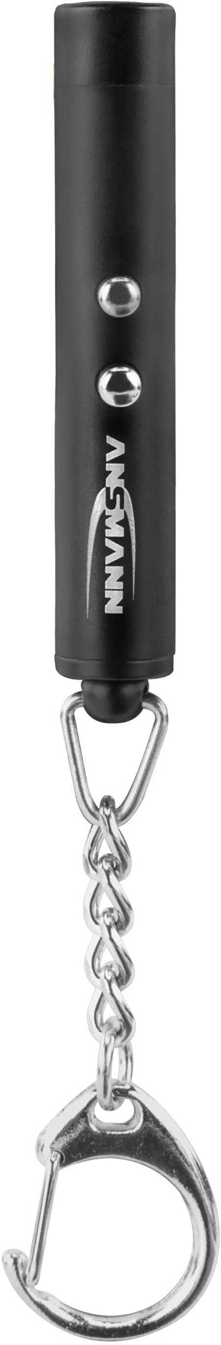 Porte-clés lampe de poche noir avec deux boutons argentés et une chaîne en métal argenté munie d'un anneau porte-clés.