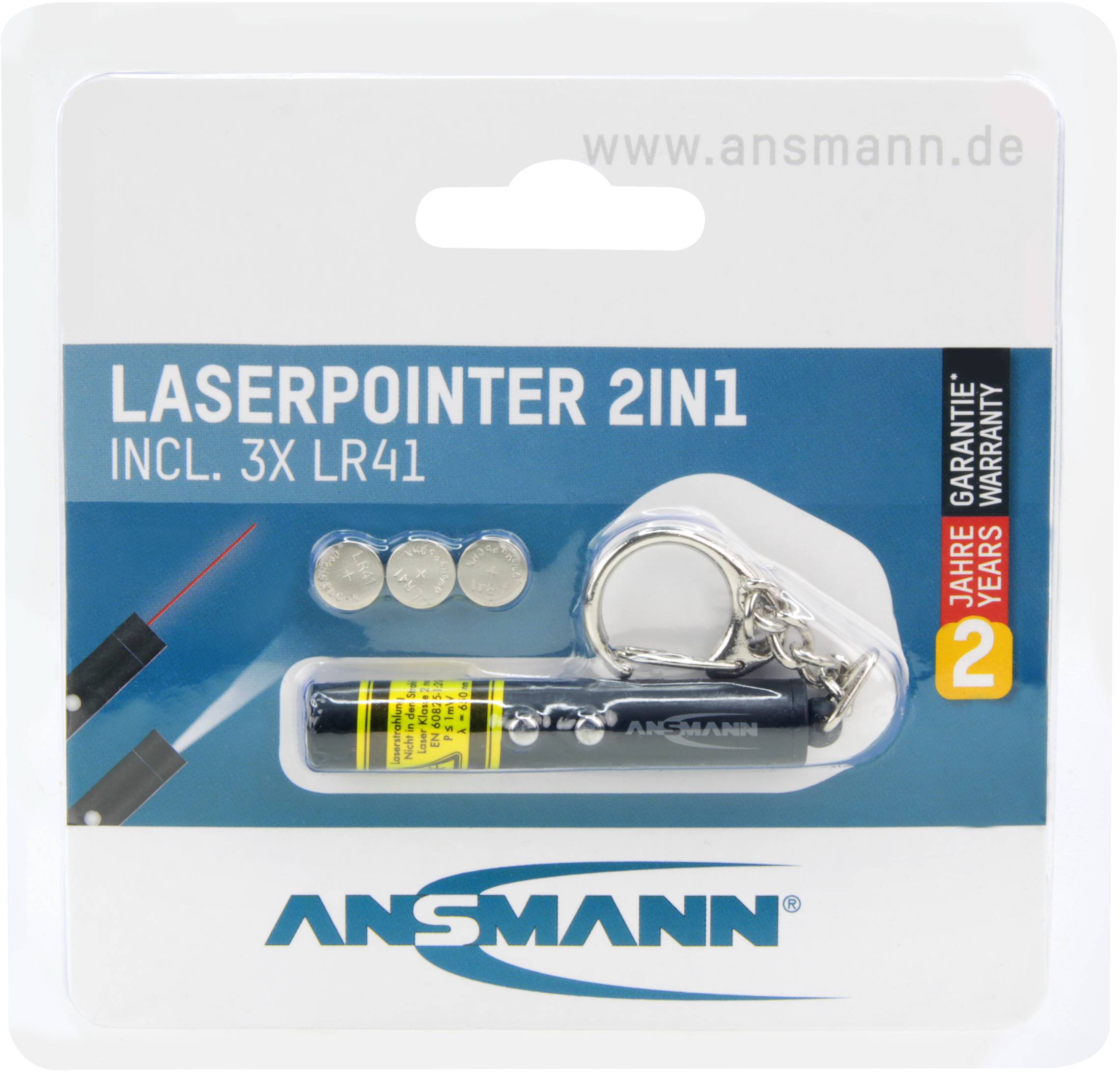 Emballage d'un pointeur laser noir 2 en 1 de la marque Ansmann, accompagné de trois piles et d'un porte-clés.