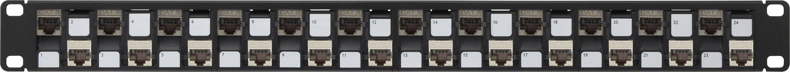 'Un panneau de brassage noir avec 24 ports RJ45. Chaque port dispose d'une zone d'étiquetage pour une identification facile.'