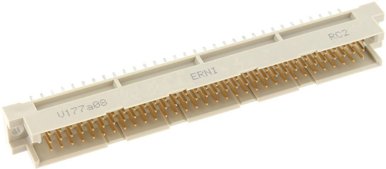 Connecteur blanc portant l'inscription ERNI avec des broches dorées, utilisé pour les connexions électriques dans les appareils électroniques.