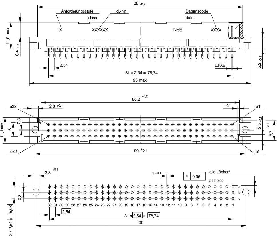 Dessin technique d'un connecteur avec des dimensions précises, des plans de perçage et des annotations pour le niveau d'exigence et le code de date.