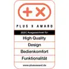 Logo du 'Plus X Award' avec un signe plus et un signe de croix rouges. Récompensé en 2020 pour : Haute Qualité, Design, Confort d'utilisation, Fonctionnalité. Site web : www.plusxaward.de.