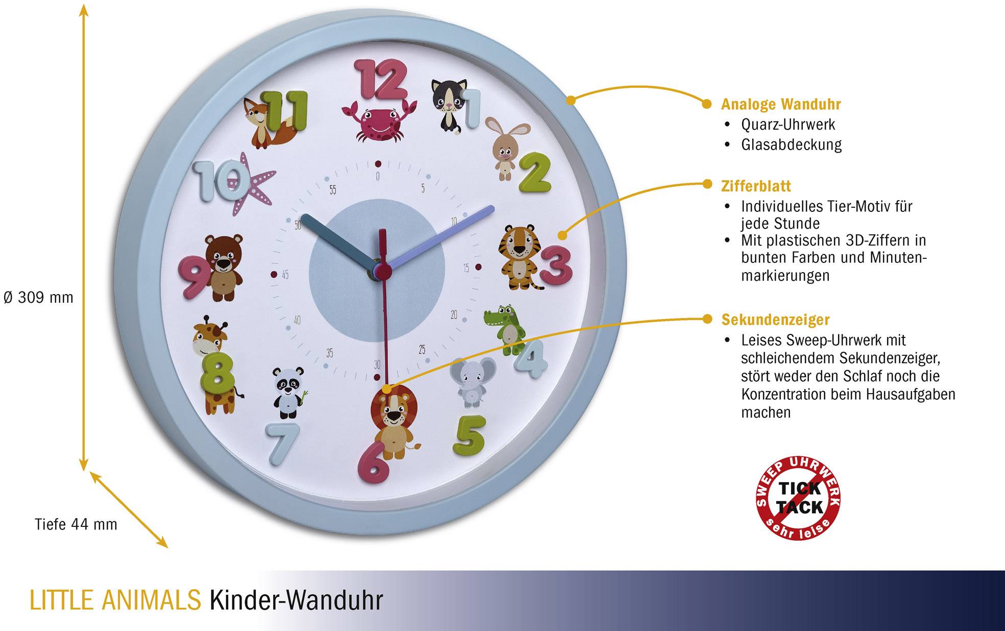 Horloge murale analogique pour enfants avec motifs d'animaux sur le cadran, mouvement à quartz et aiguille des secondes. Dimensions : 309 mm de diamètre, 44 mm de profondeur.