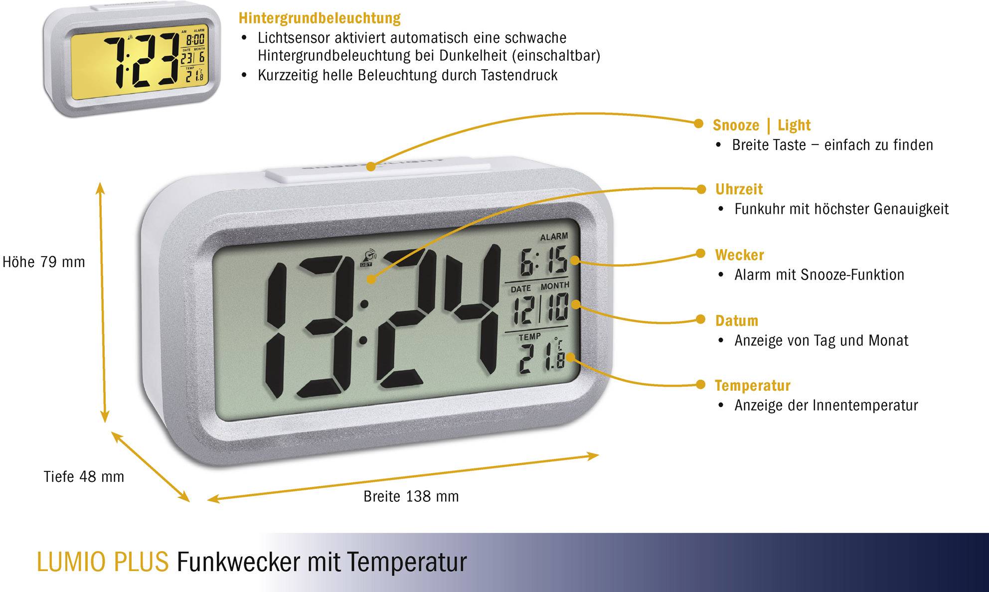Réveil numérique avec affichage de la température. Fonctions : Répétition, heure précise, alarme avec répétition, date et jour de la semaine, température intérieure.