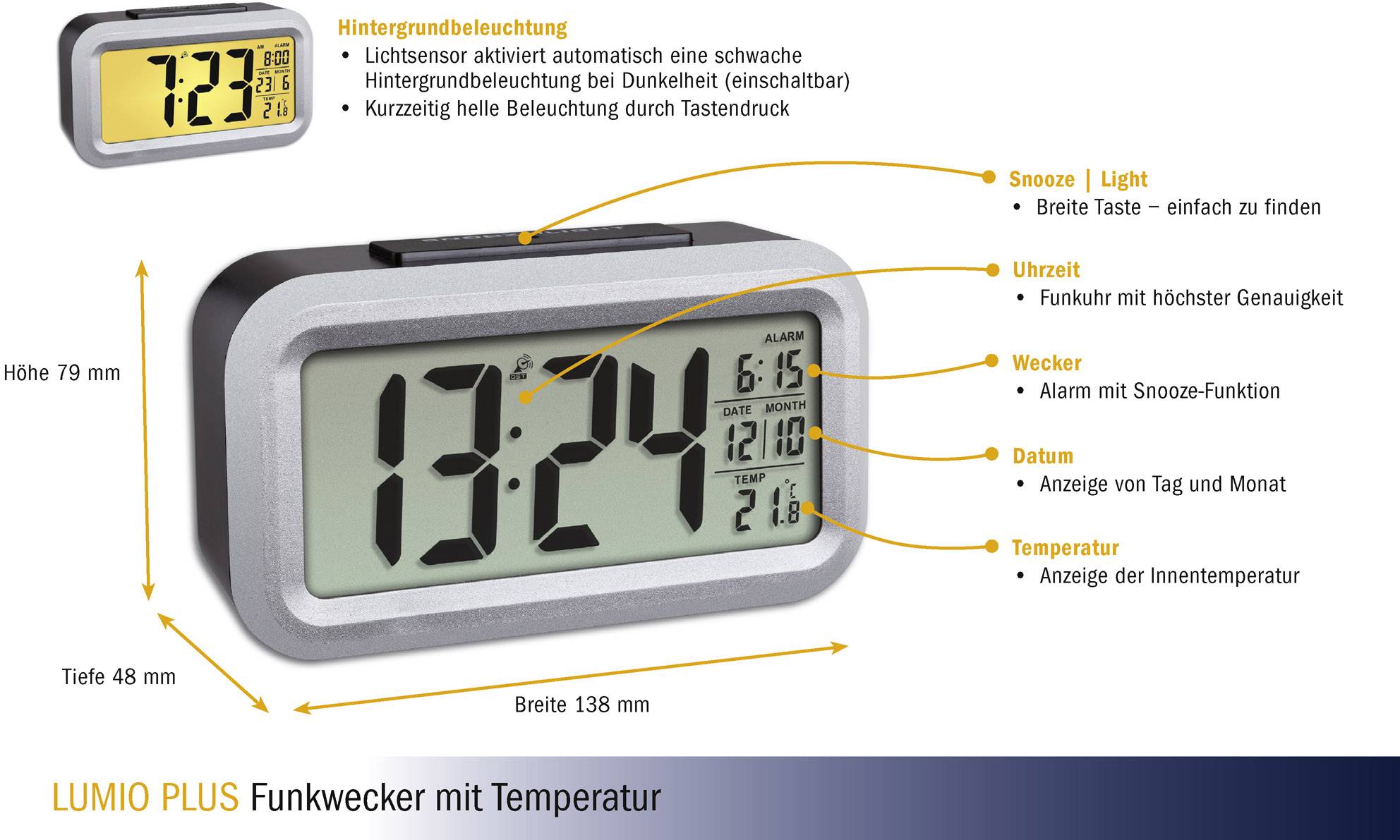 Réveil numérique sans fil avec grand écran affichant l'heure, l'alarme, la date et la température intérieure. Fonctions : répétition d'alarme et rétroéclairage.