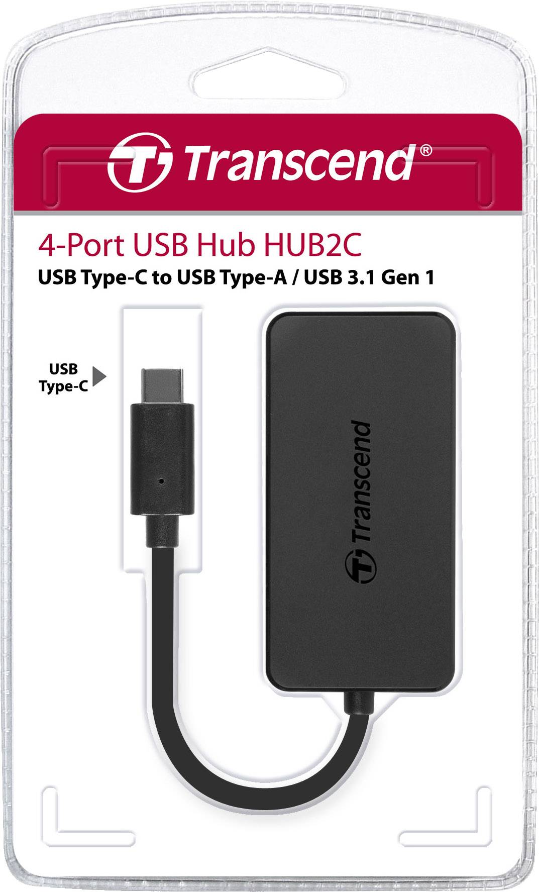 'Emballage du hub USB Transcend 4 ports HUB2C, présentant une connectivité USB Type-C vers USB Type-A/USB 3.1 Gen 1.'