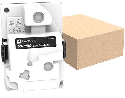 Récipient de toner usagé Lexmark 20N0W00 à côté d'un carton marron. Récipient blanc avec des détails noirs, spécialement conçu pour les imprimantes laser.