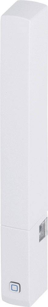 Un conteneur en plastique blanc, rectangulaire et vertical, avec un bouton bleu en bas.