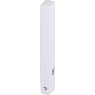 Un conteneur en plastique blanc, rectangulaire et vertical, avec un bouton bleu en bas.