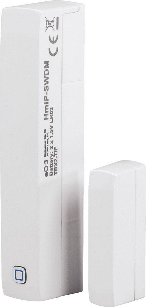 Capteur blanc rectangulaire avec un petit aimant. Le capteur porte le marquage CE et les informations de batterie sont visibles sur le côté.