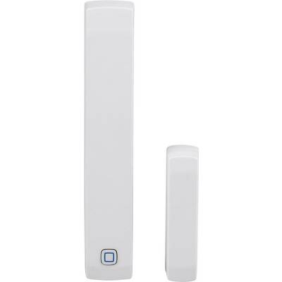 Deux boîtiers de capteurs blancs, l'un plus grand avec un bouton bleu, à côté d'un plus petit. Tous deux font partie d'un système de sécurité.
