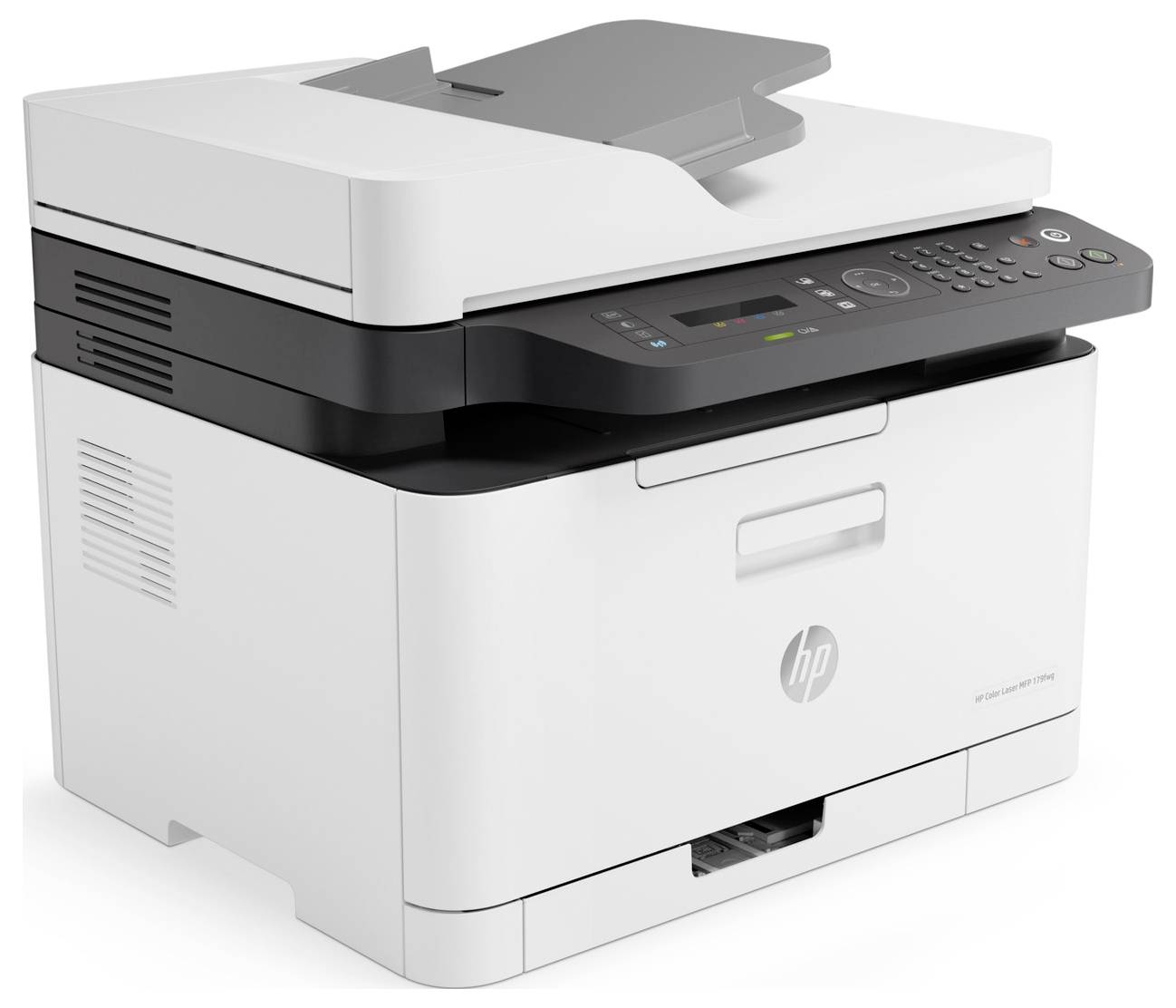 Imprimante laser multifonction HP blanche avec couvercle de scanner, panneau de contrôle et bac à papier sur un fond uni.