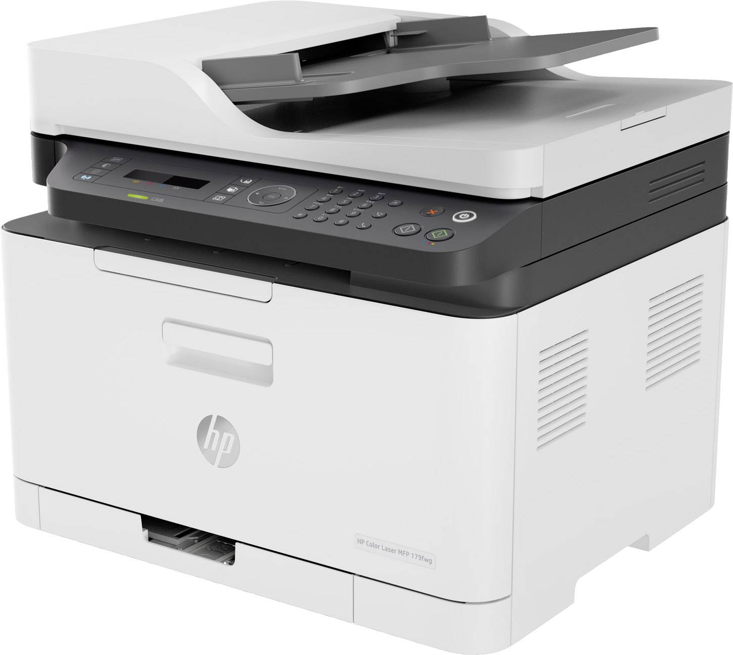 Un imprimante multifonction blanc avec un panneau de commande et un bac d'alimentation papier. Logo de la marque visible. Adapté pour imprimer, numériser et copier.