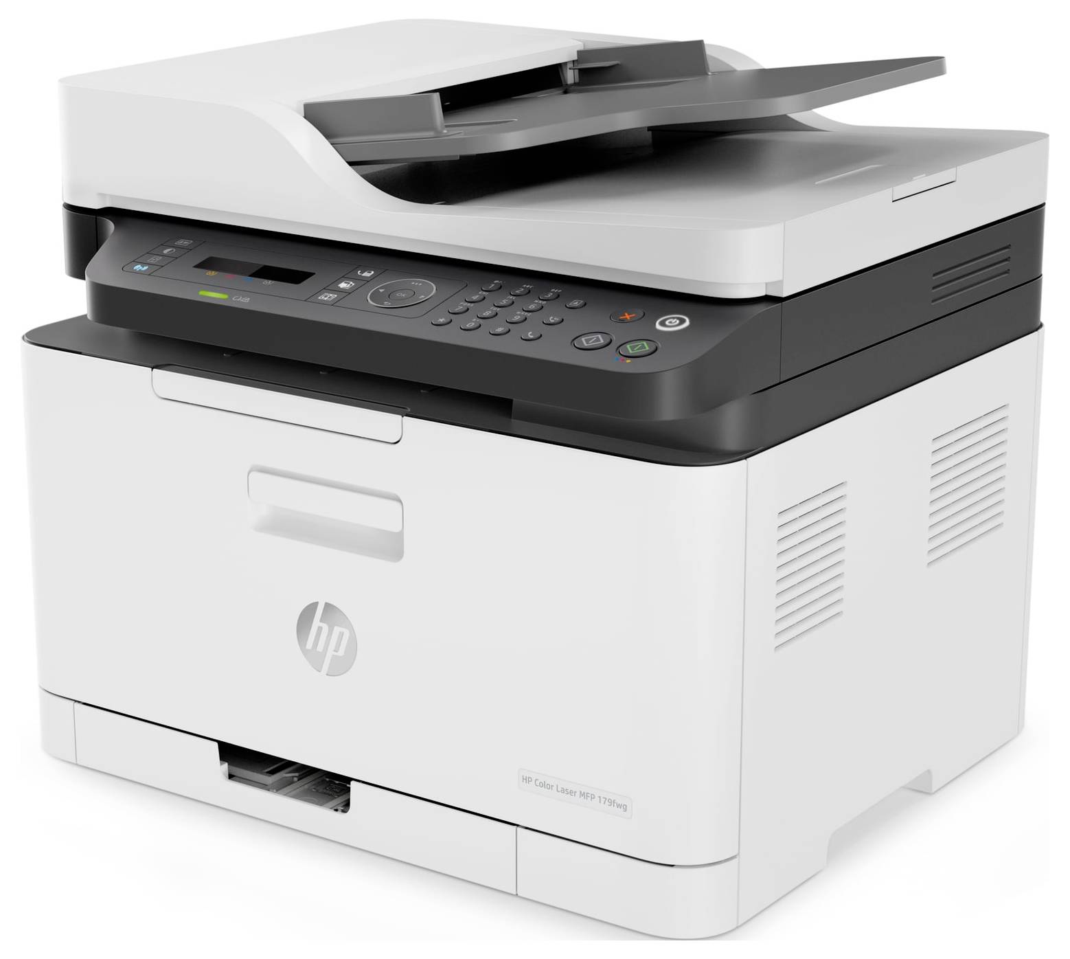 Imprimante multifonction HP blanche avec couvercle du scanner ouvert et panneau de commande visible sur le dessus