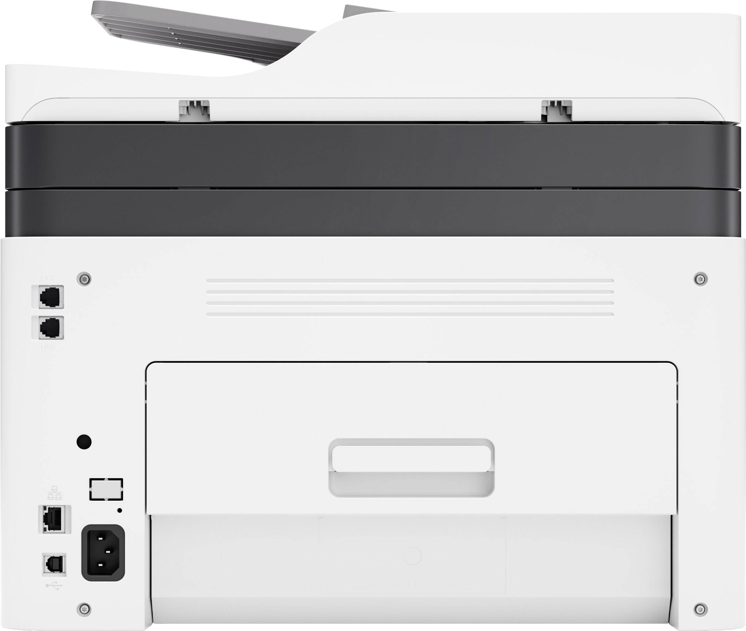 Une imprimante multifonction avec un bac à papier en bas et des connexions sur le côté gauche. Elle dispose d'un élément de scanner à plat sur le dessus.
