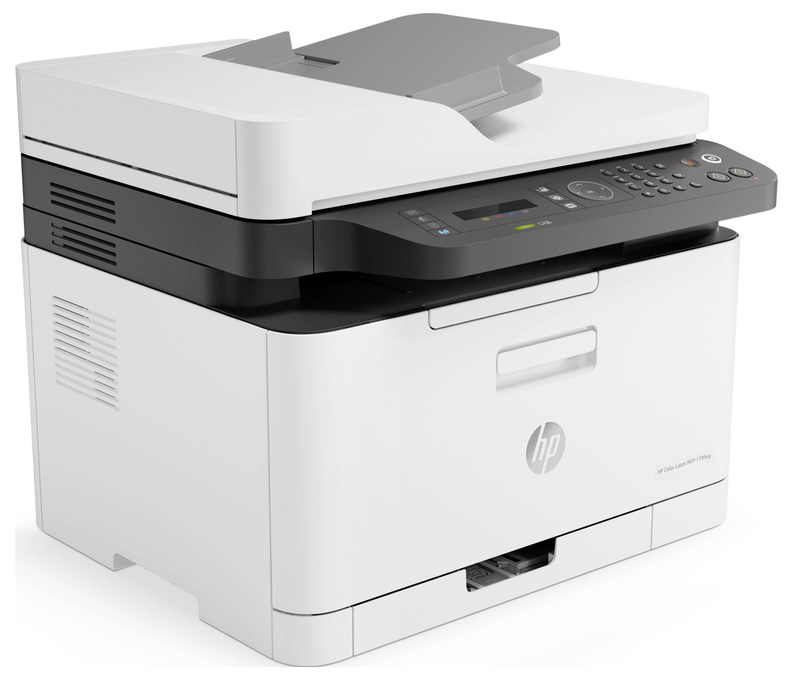 Imprimante multifonction HP blanche avec couvercle de scanner, panneau de contrôle et bac à papier, présentée sur un fond uni.