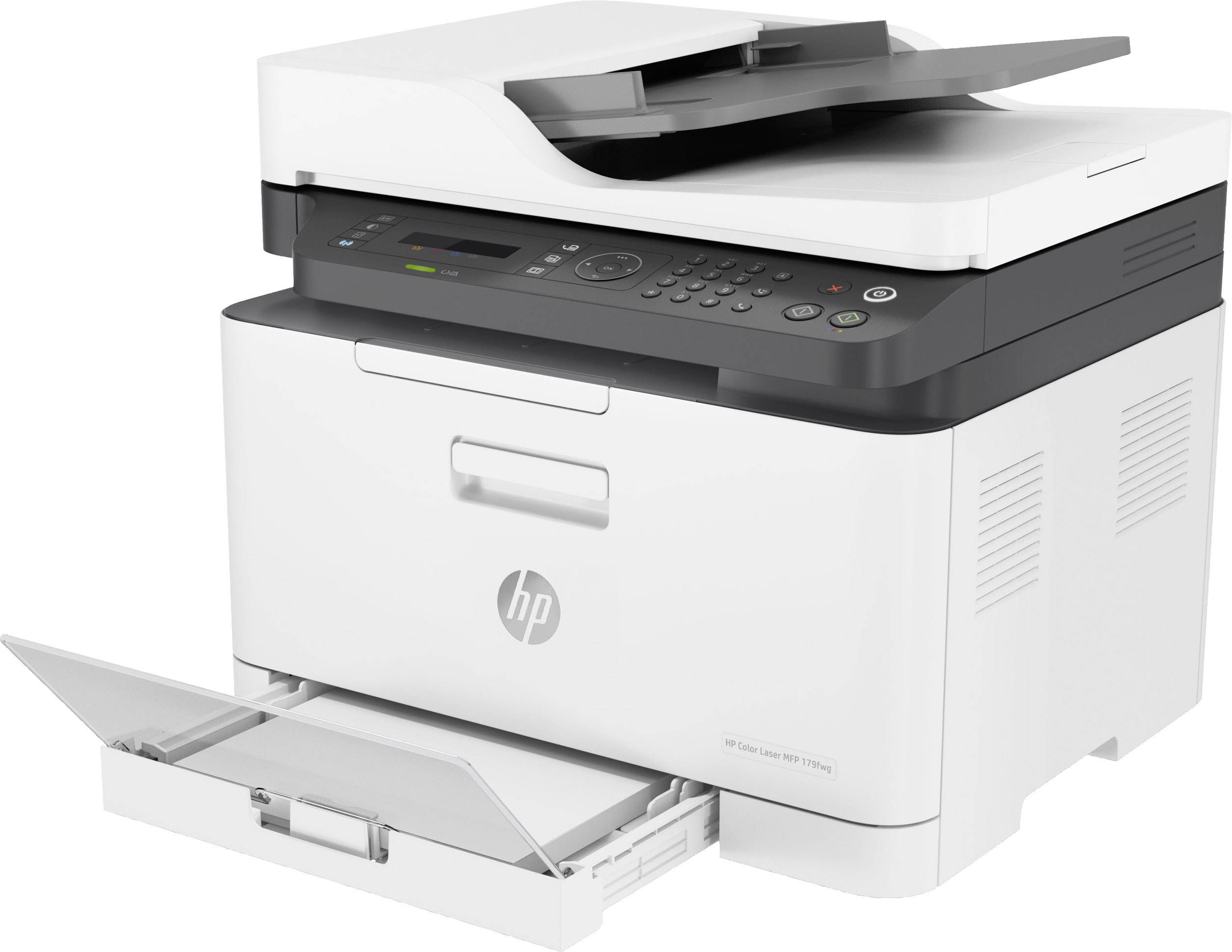 Un imprimante laser multifonction blanc avec panneau de commande et alimentation papier. Adapté aux travaux de bureau tels que l'impression, la numérisation et la copie.