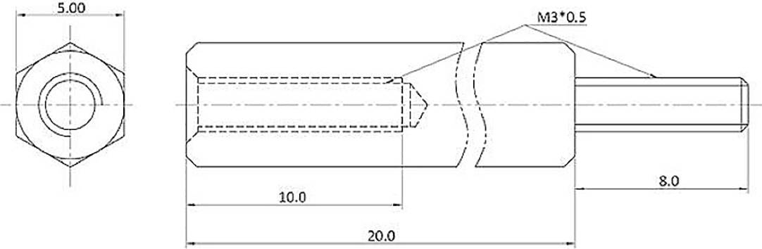 Dessin technique d'un stylo avec dimensions : Longueur totale 20 mm, tête hexagonale 5 mm, filetage M13x0,5, diamètre de tige 8 mm.