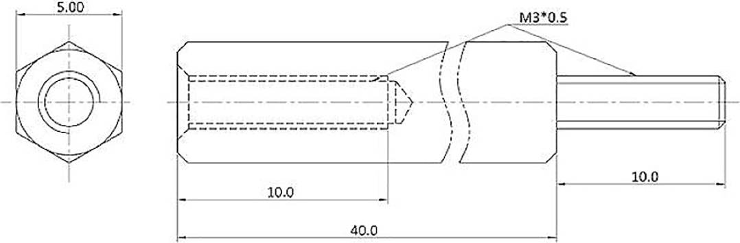 Dessin technique d'une pièce métallique cylindrique avec cotes détaillées : Longueur 40, Diamètre 10, Filetage M3 x 0,5.