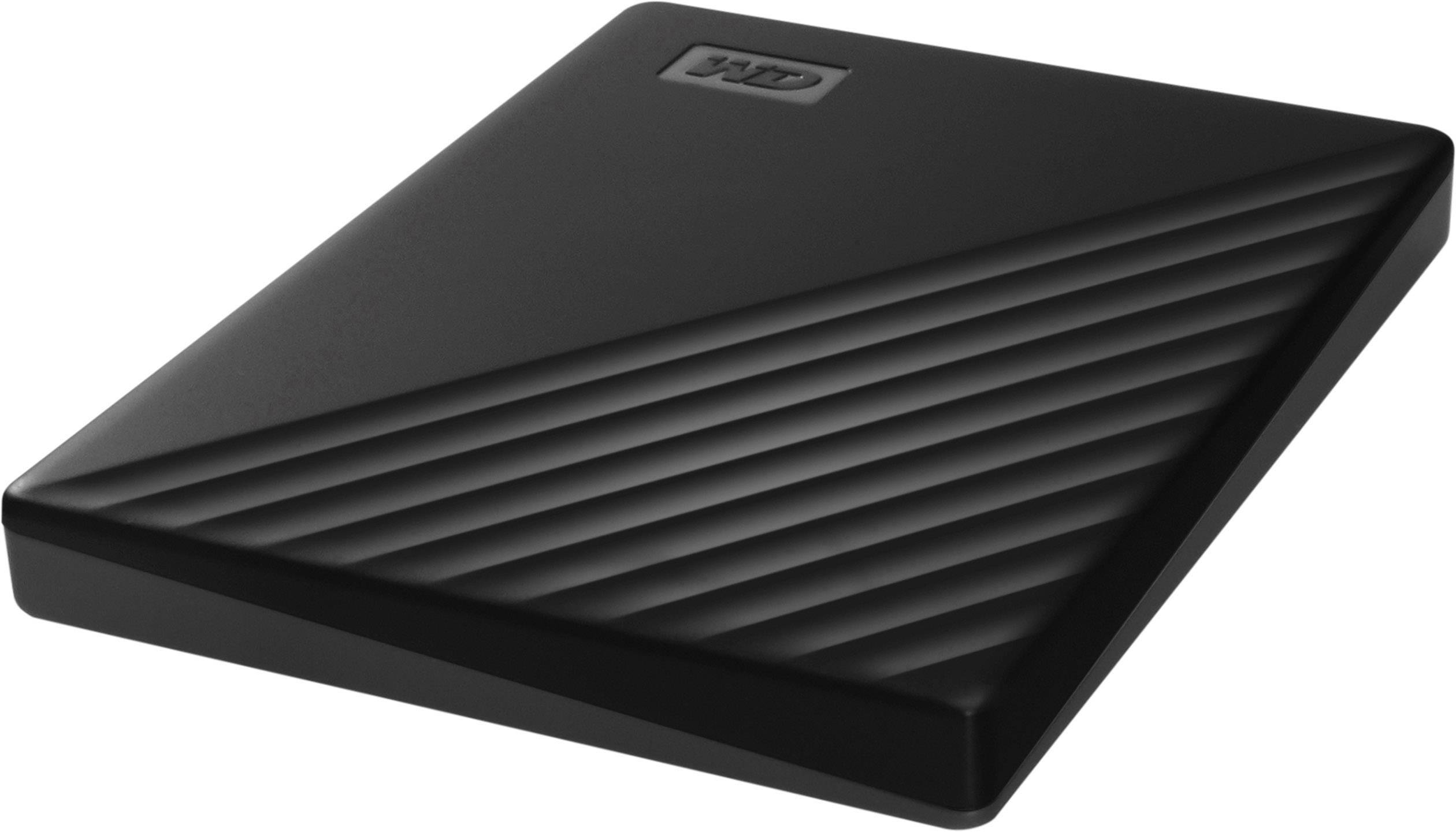 Disque dur externe noir avec un motif de rayures diagonales, présentant un design minimaliste.