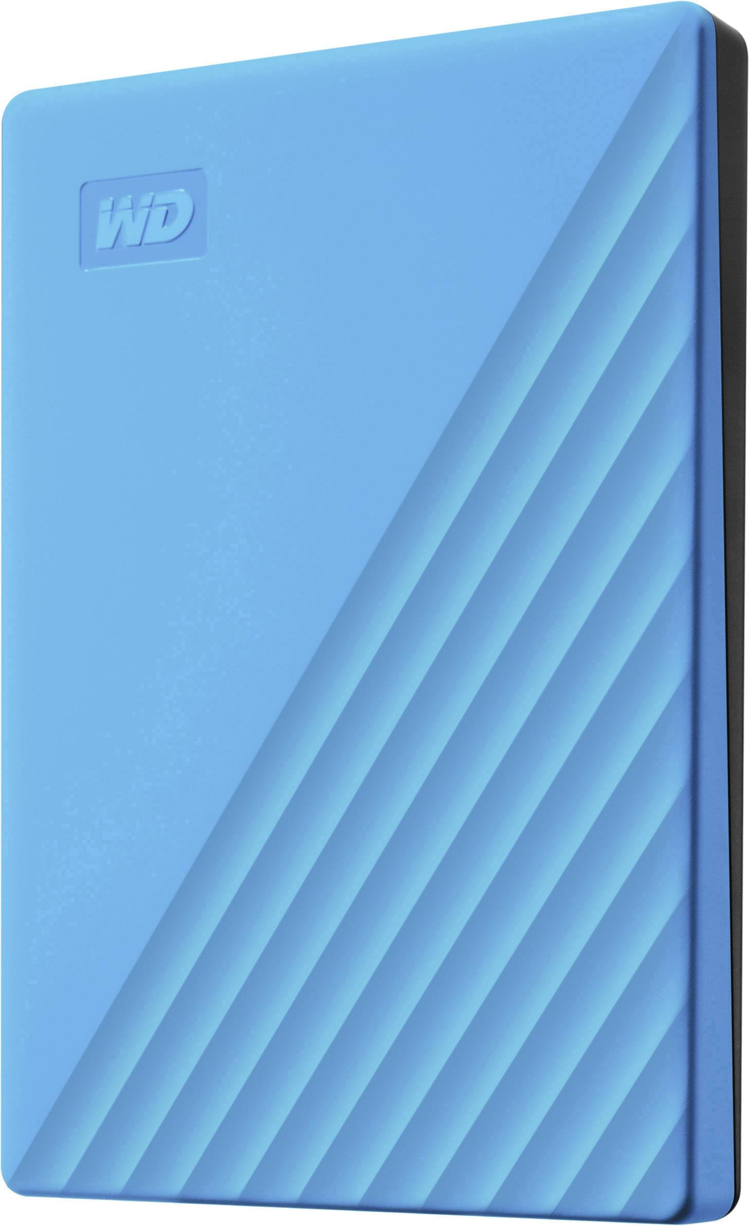 Disque dur externe bleu avec des lignes diagonales et le logo 'WD'.