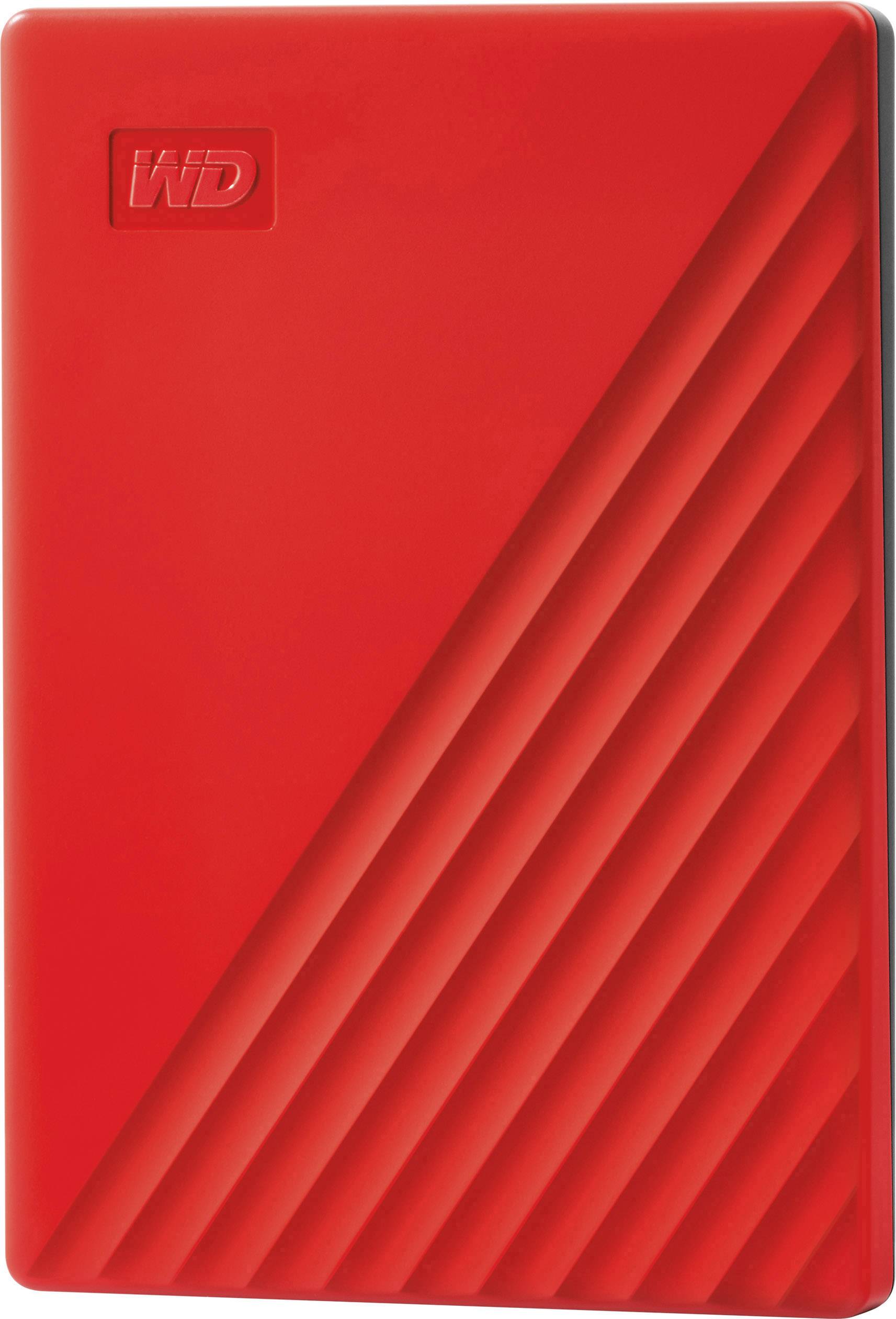 Disque dur externe rouge avec des lignes diagonales et le logo WD dans le coin supérieur gauche.