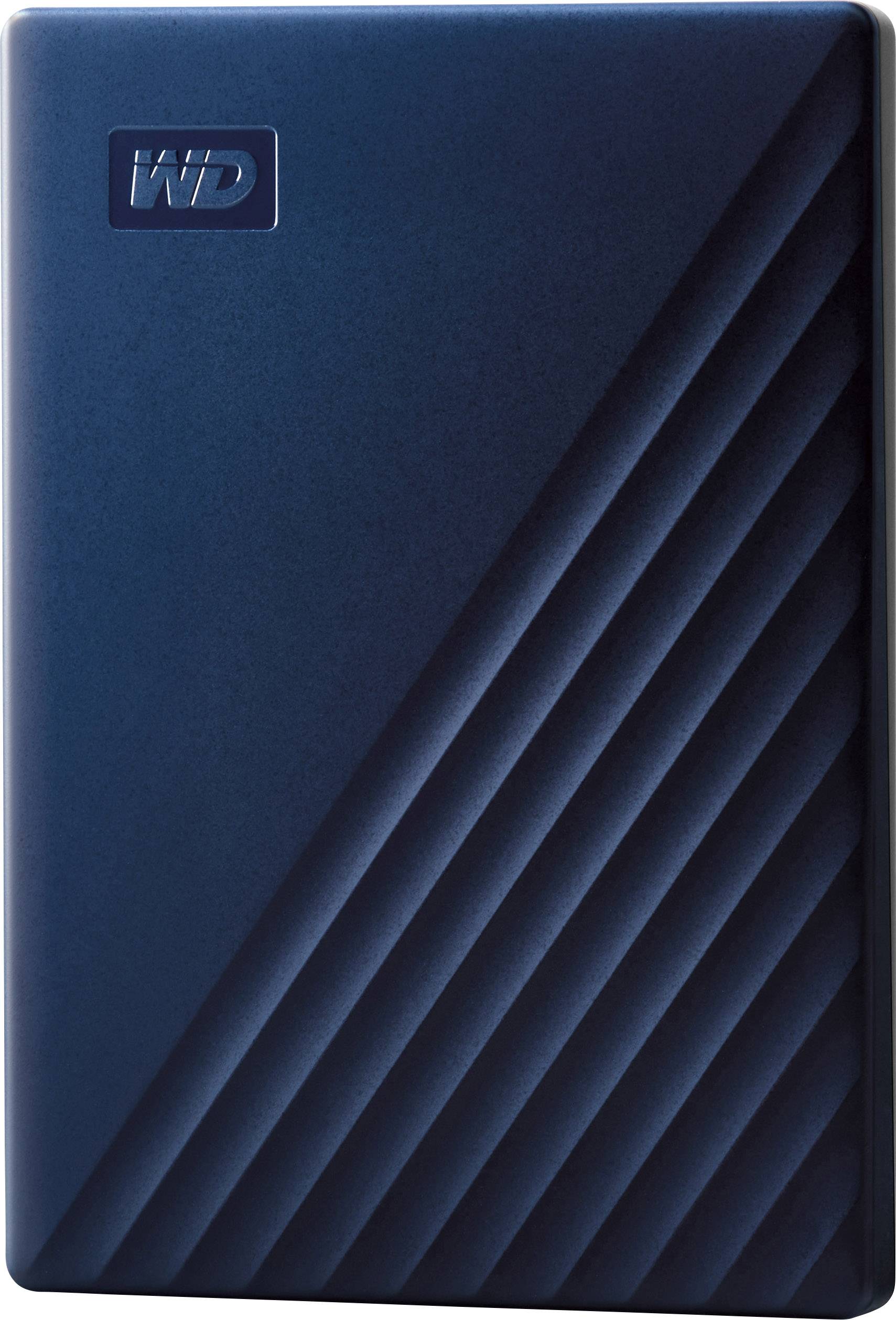 Disque dur externe bleu avec des rayures diagonales et le logo 'WD' en haut à gauche.