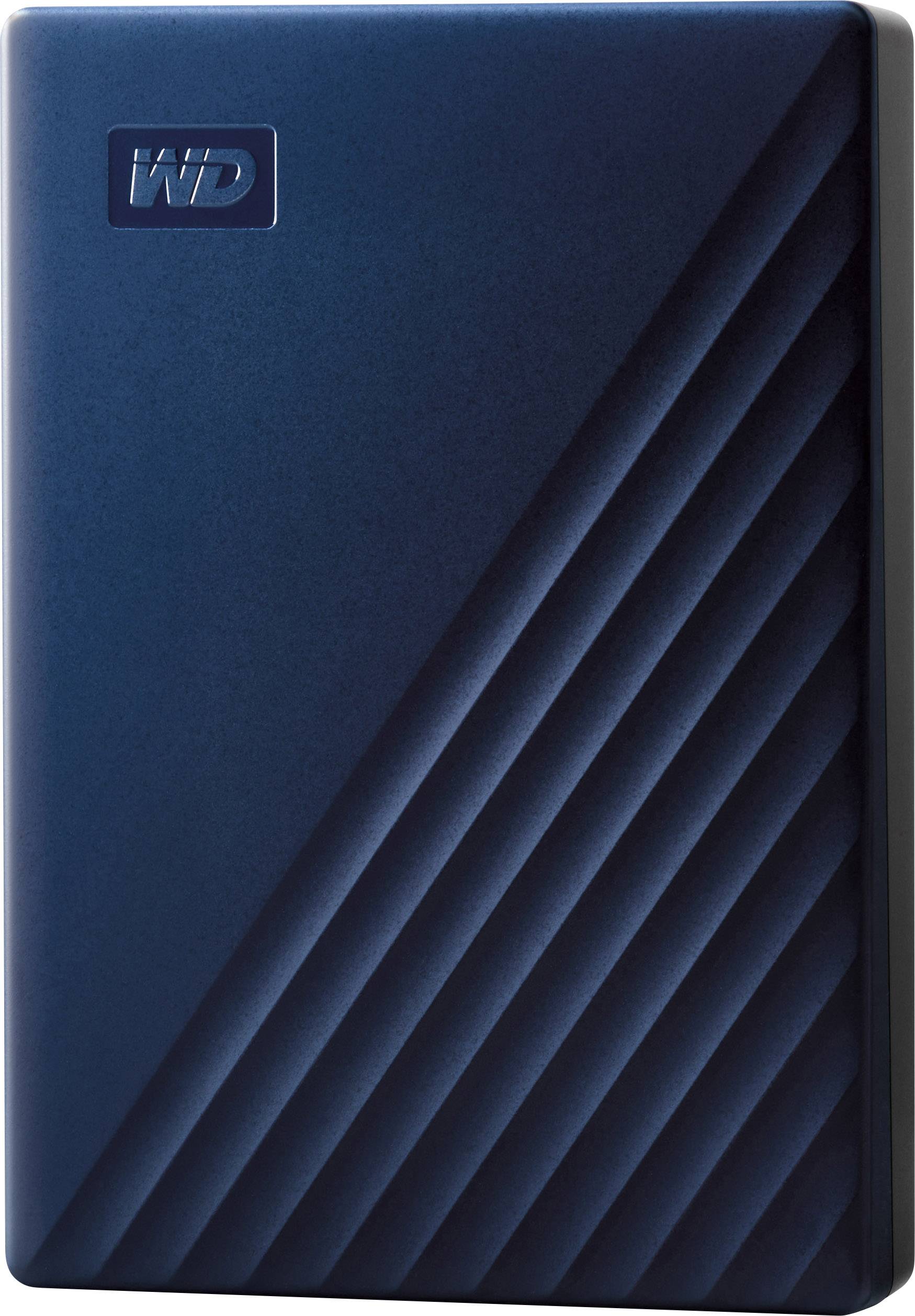 Disque dur externe bleu foncé avec un décor de rayures diagonales sur la façade et le logo 'WD' dans le coin supérieur gauche.