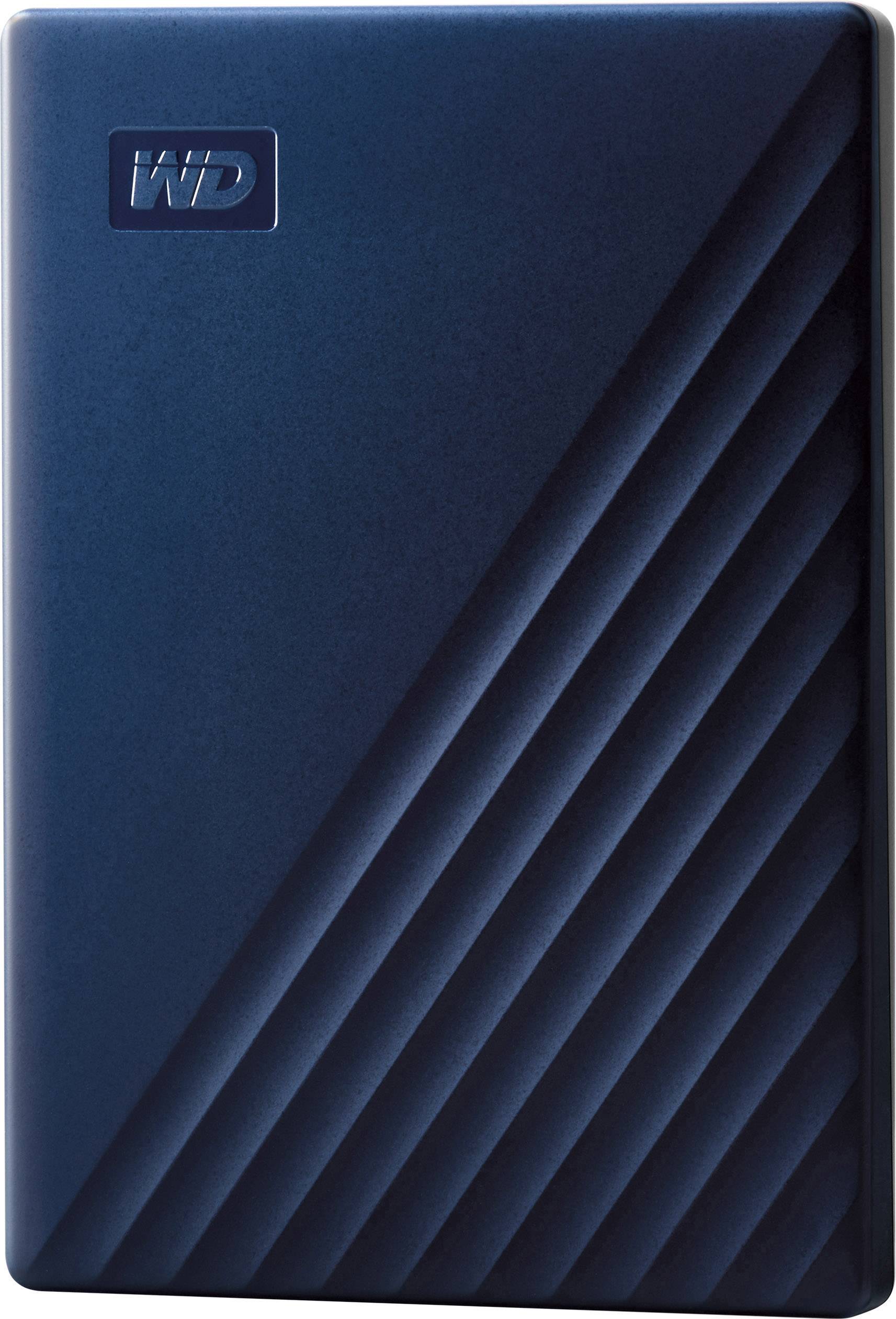 Disque dur externe bleu foncé de WD avec des rainures diagonales sur la face avant.