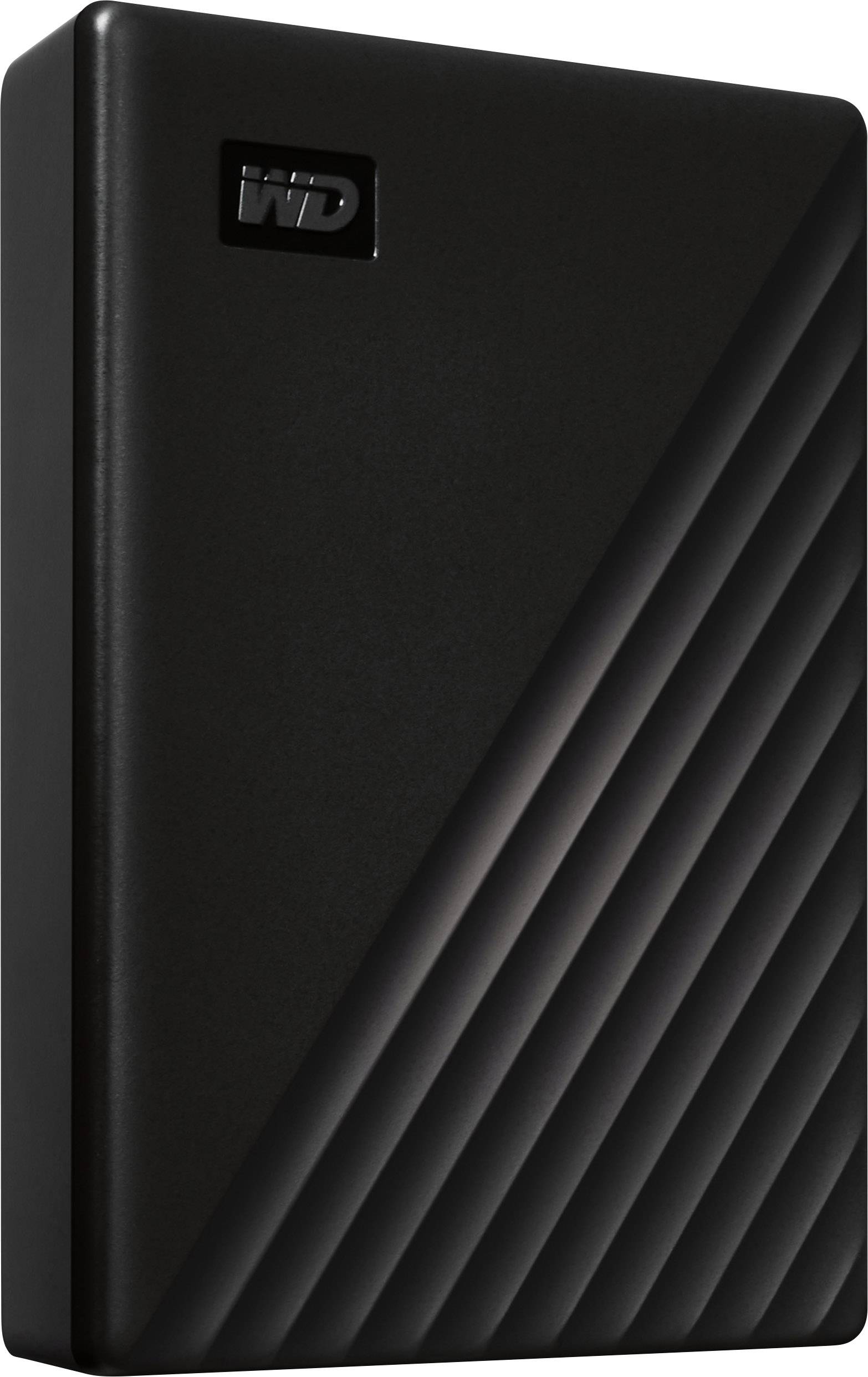 Disque dur externe noir avec des lignes diagonales sur la face avant, logo de marque en haut à gauche. Adapté pour le stockage de données.