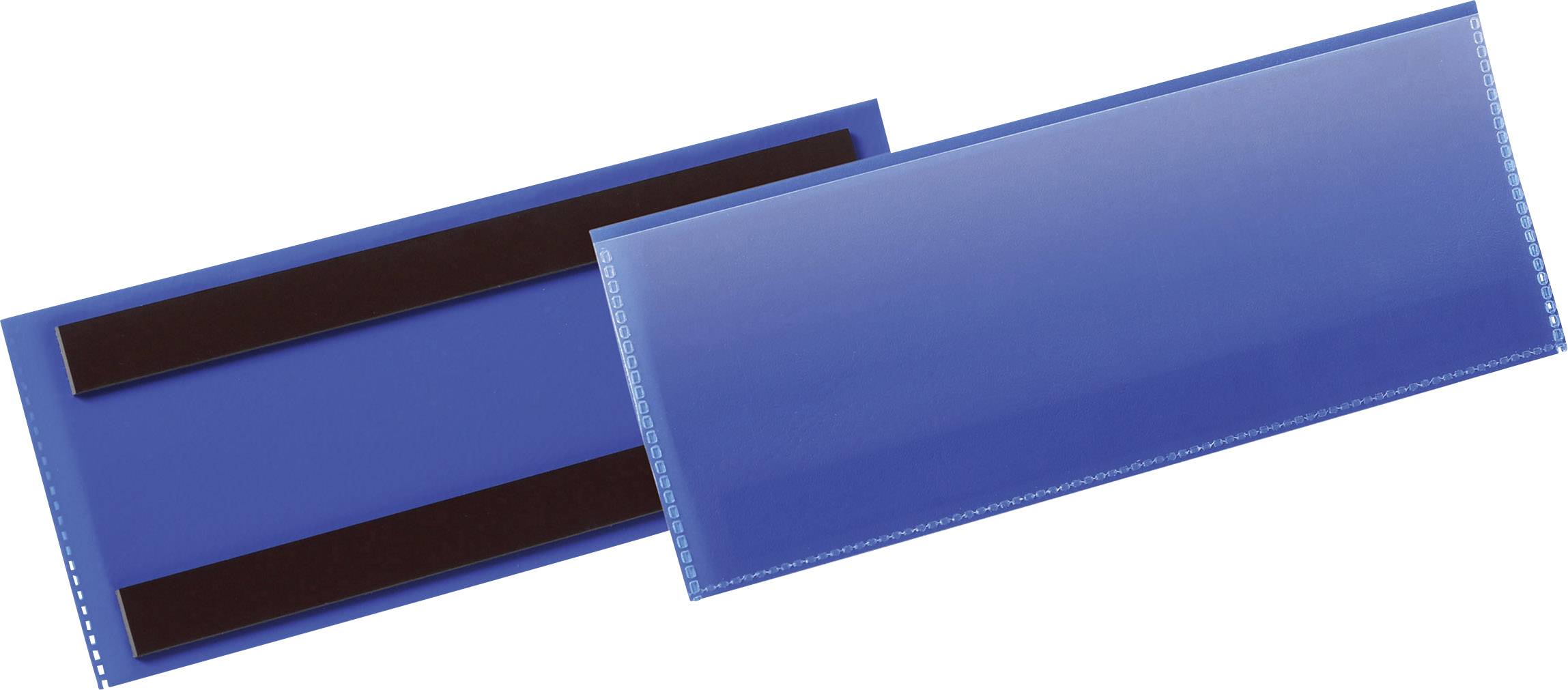 Deux pochettes magnétiques bleues. L'une présente des bandes magnétiques noires, l'autre sa surface lisse. Adaptées pour une fixation sur des surfaces métalliques.