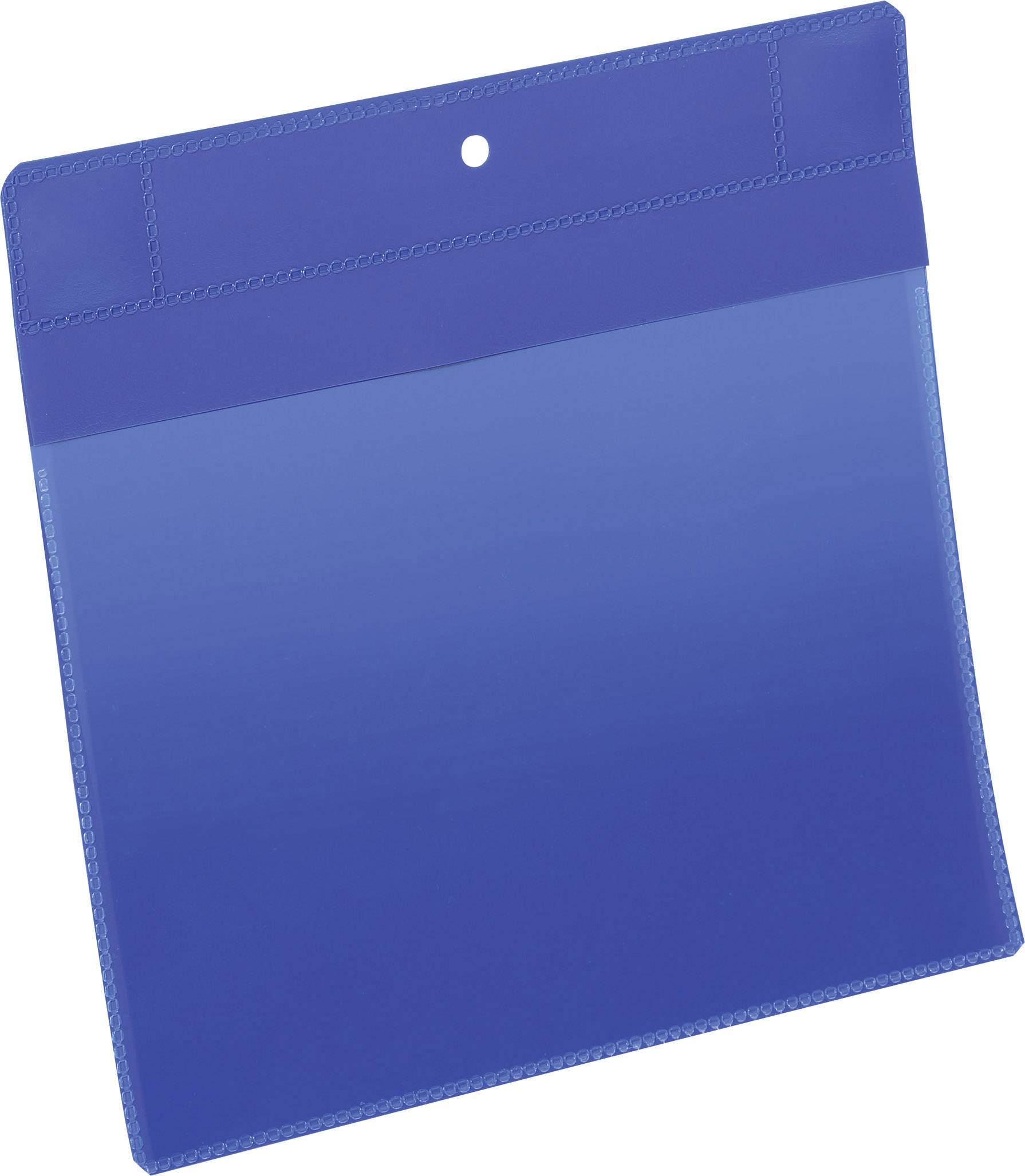 Sac bleu avec face avant transparente et fermeture à pression en haut, adapté pour le rangement de documents ou de papiers.