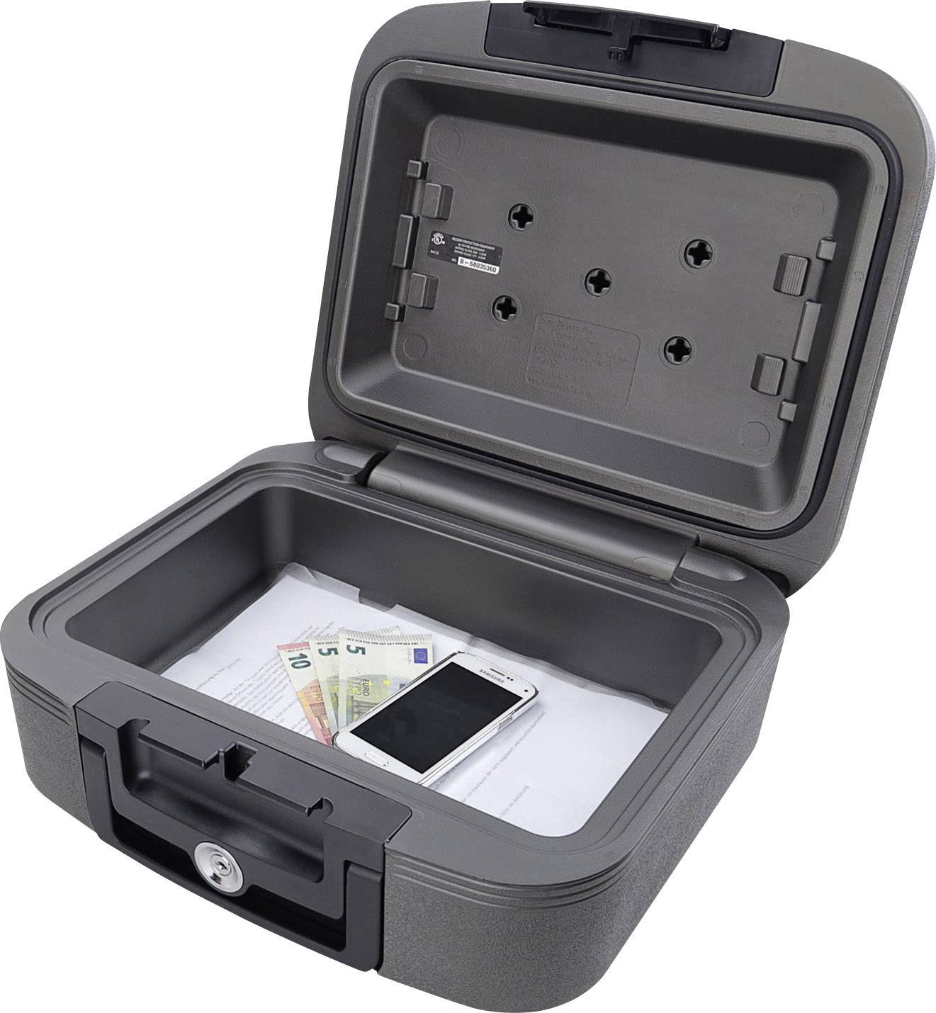 Un coffre-fort ouvert contenant des billets en euros, un smartphone et des documents à l'intérieur, illustrant la sécurité et la protection des objets de valeur.