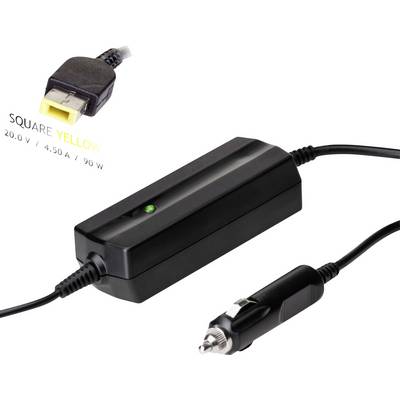 Chargeur de voiture noir avec connecteur rectangulaire jaune, adapté pour 20,0 V/4,50 A/90 W.