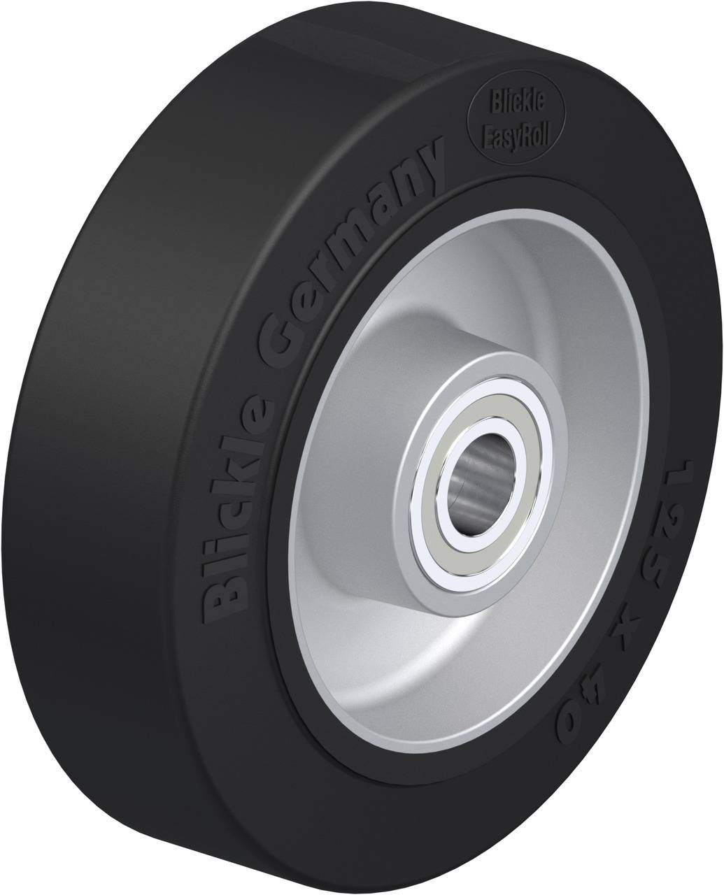 Roulette industrielle en plastique noir avec noyau métallique argenté et inscription 'Blickle Germany'. Adaptée pour un transport léger.