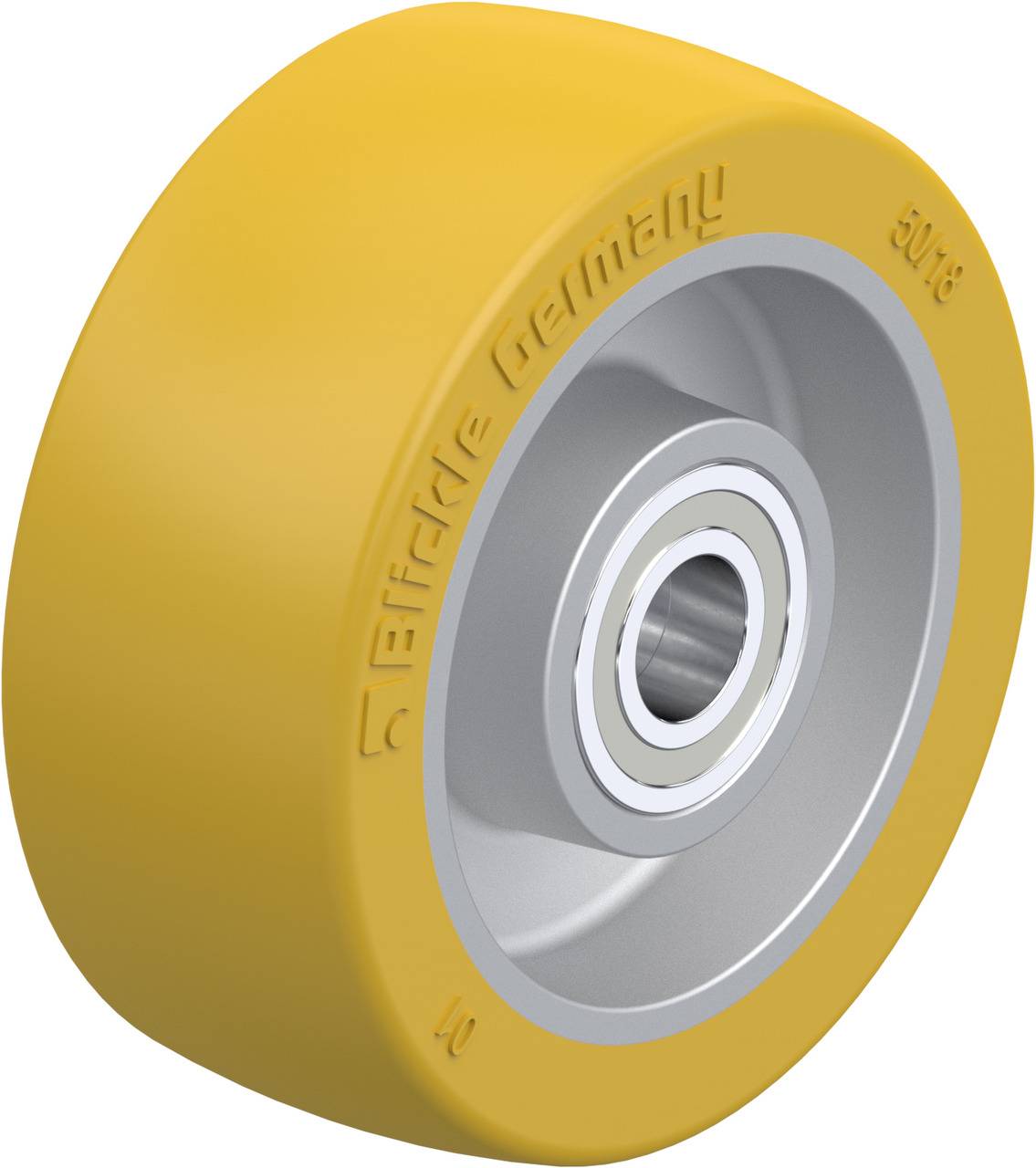 Roue industrielle jaune avec centre argenté et roulement à billes, marquée 'Blickle Germany'.