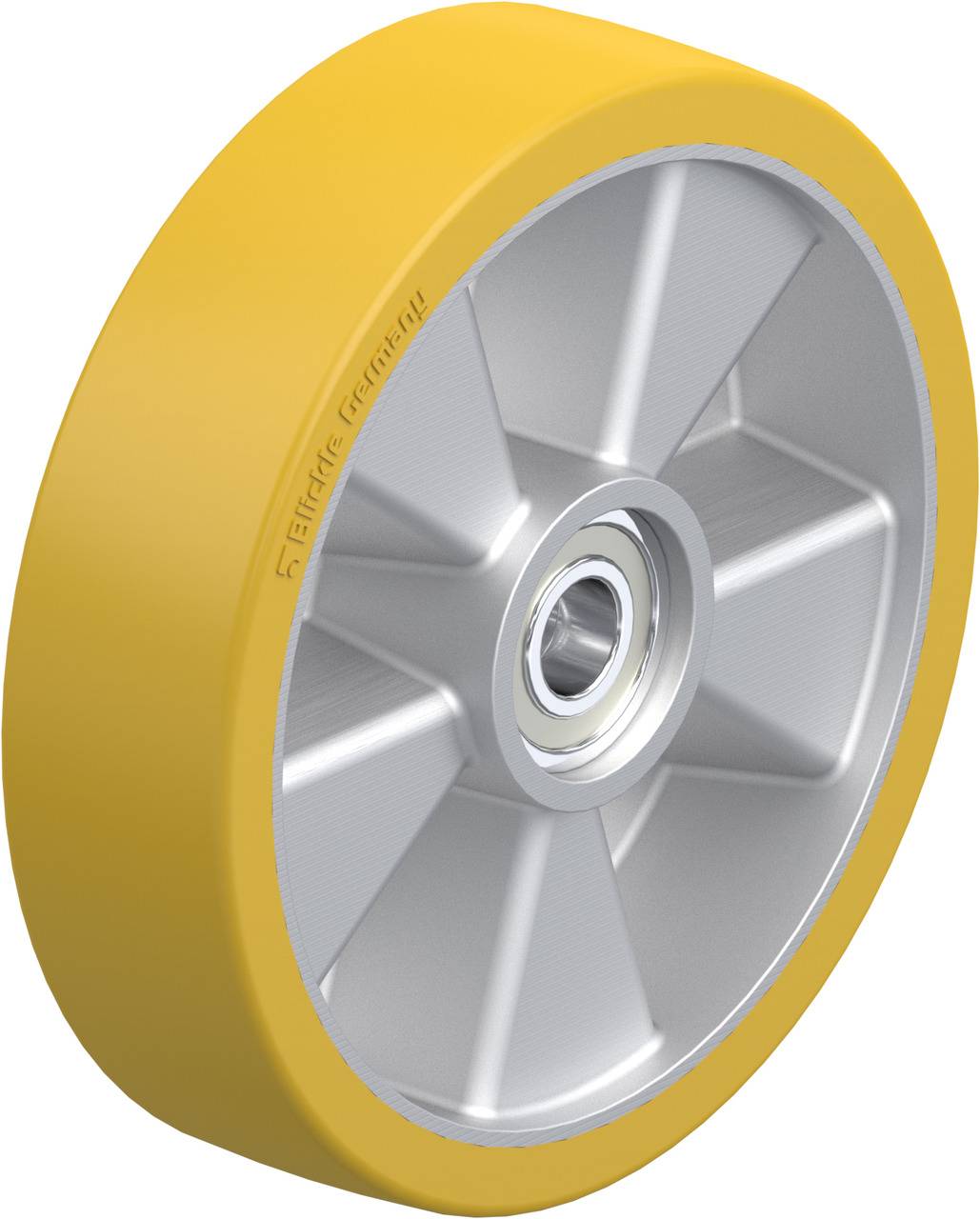 L'image montre une roue avec un pneu jaune en caoutchouc et une jante intérieure en métal argenté, probablement destinée à des applications industrielles.