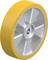 L'image montre une roue avec un pneu jaune en caoutchouc et une jante intérieure en métal argenté, probablement destinée à des applications industrielles.