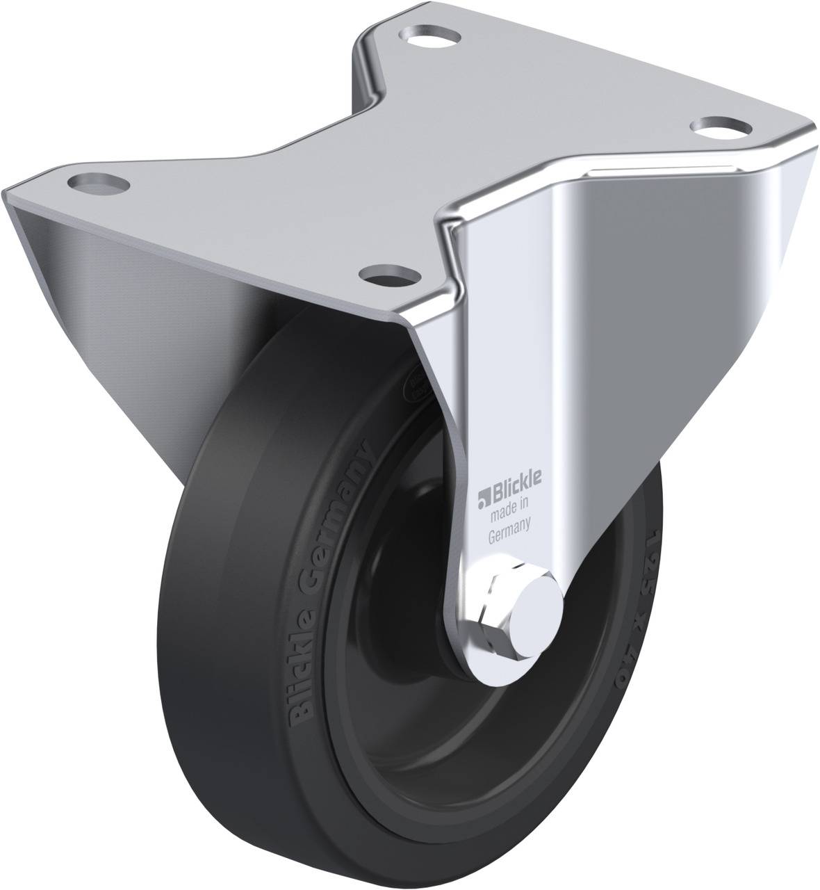 Une roue noire avec un boîtier argenté, utilisée pour des meubles ou des appareils. Marquée 'Blickle made in Germany'.