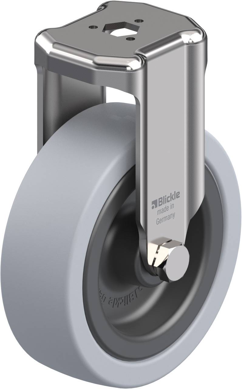 Roulette de guidage avec roue grise et boîtier argenté, fabriquée par Blickle en Allemagne. Adaptée pour les tiges de transport ou industrielles.