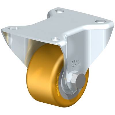 Roulette industrielle pivotante avec roue dorée et boîtier argenté. Adaptée aux charges lourdes dans les environnements industriels.