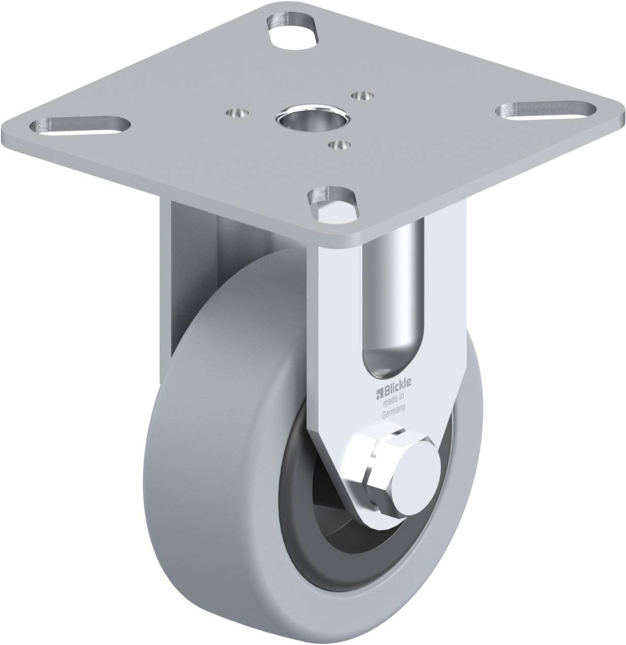 Roulette pivotante avec roue en caoutchouc gris et plaque métallique de fixation, adaptée aux applications de meubles ou d'équipements.