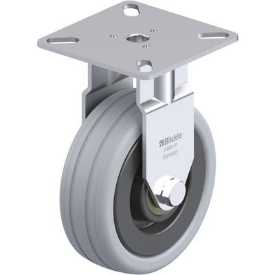 Roulette pivotante avec roue grise et support argenté, adaptée à une utilisation industrielle ; le support porte l'inscription 'Blickle made in Germany'.