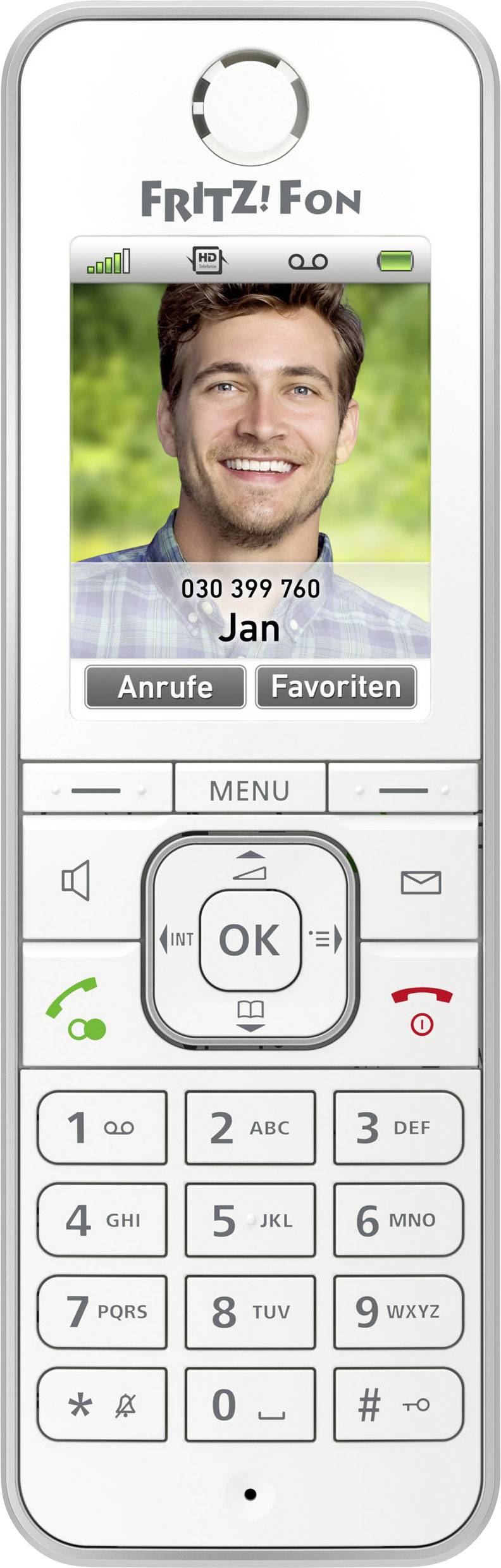 Téléphone blanc FRITZ!Fon avec écran couleur affichant une photo de portrait avec le numéro '030 399 760', le nom 'Jan' et les options 'Appels' et 'Favoris'.