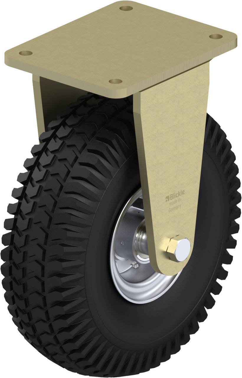 Roulette pivotante avec roue noire gonflée et support doré, adaptée aux charges lourdes sur terrain accidenté.