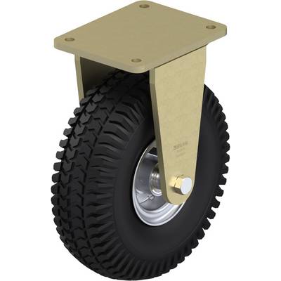 Roulette pivotante avec roue noire gonflée et support doré, adaptée aux charges lourdes sur terrain accidenté.