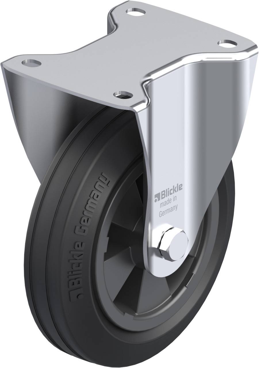 Roue en métal avec pneu noir en caoutchouc et support, fabriquée en Allemagne, adaptée pour meubles ou appareils.