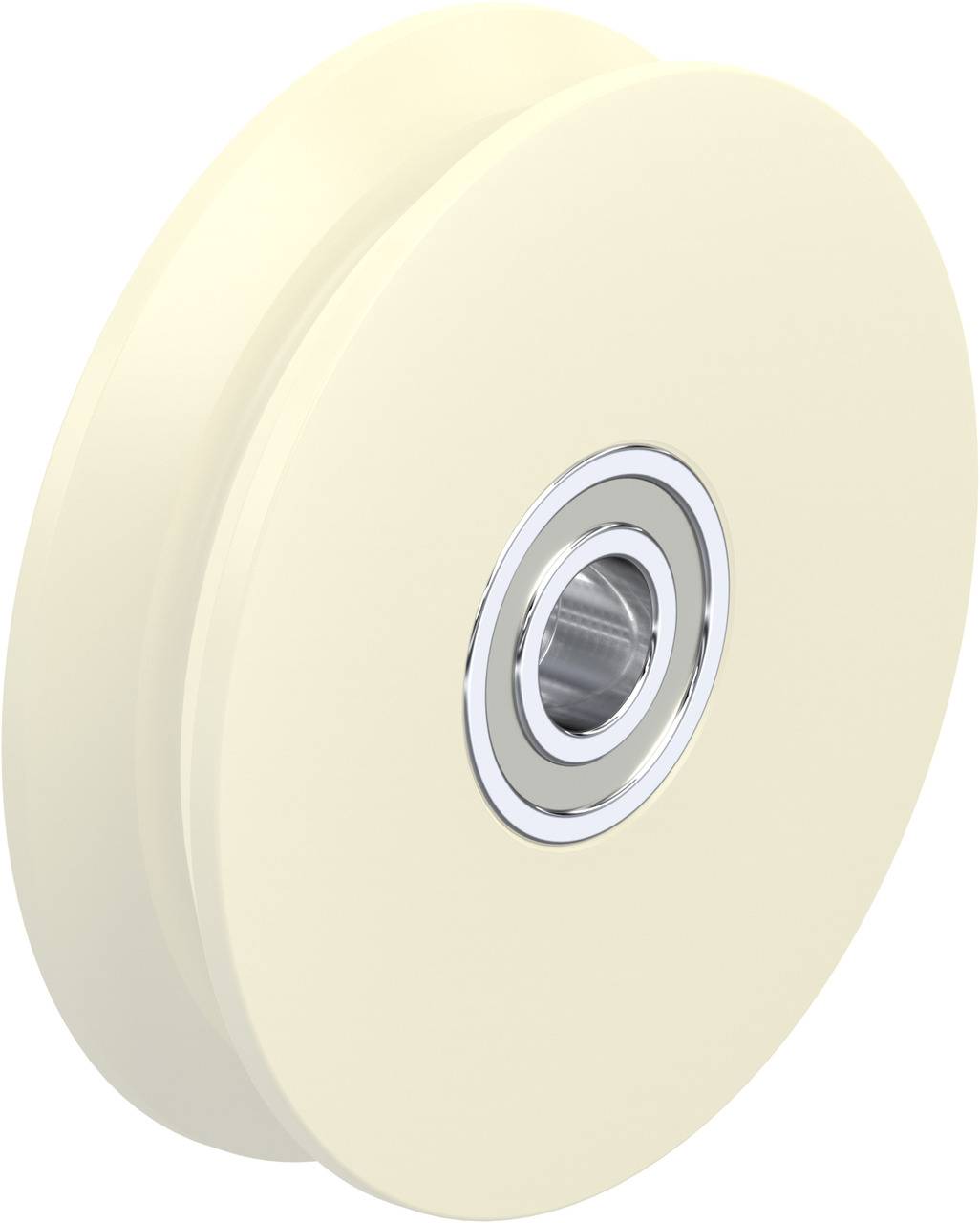 Un rouleau de couleur crème avec un roulement à billes argenté au centre, typique des applications dans les machines ou les meubles.