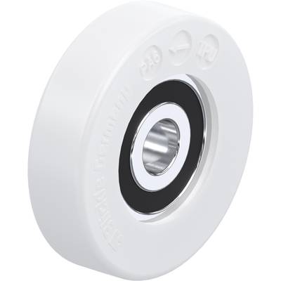 Une roue en plastique blanc avec un roulement à billes au centre. Sur la surface sont marqués les signes 'PA6' et 'TPU'.