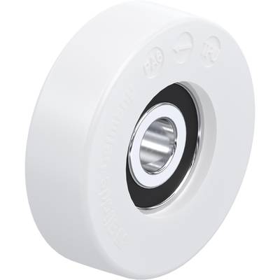 Roue en plastique blanc avec roulement à billes métallique intégré, adaptée aux applications de transport léger. Marquage : 'PA6' et 'TPU'.
